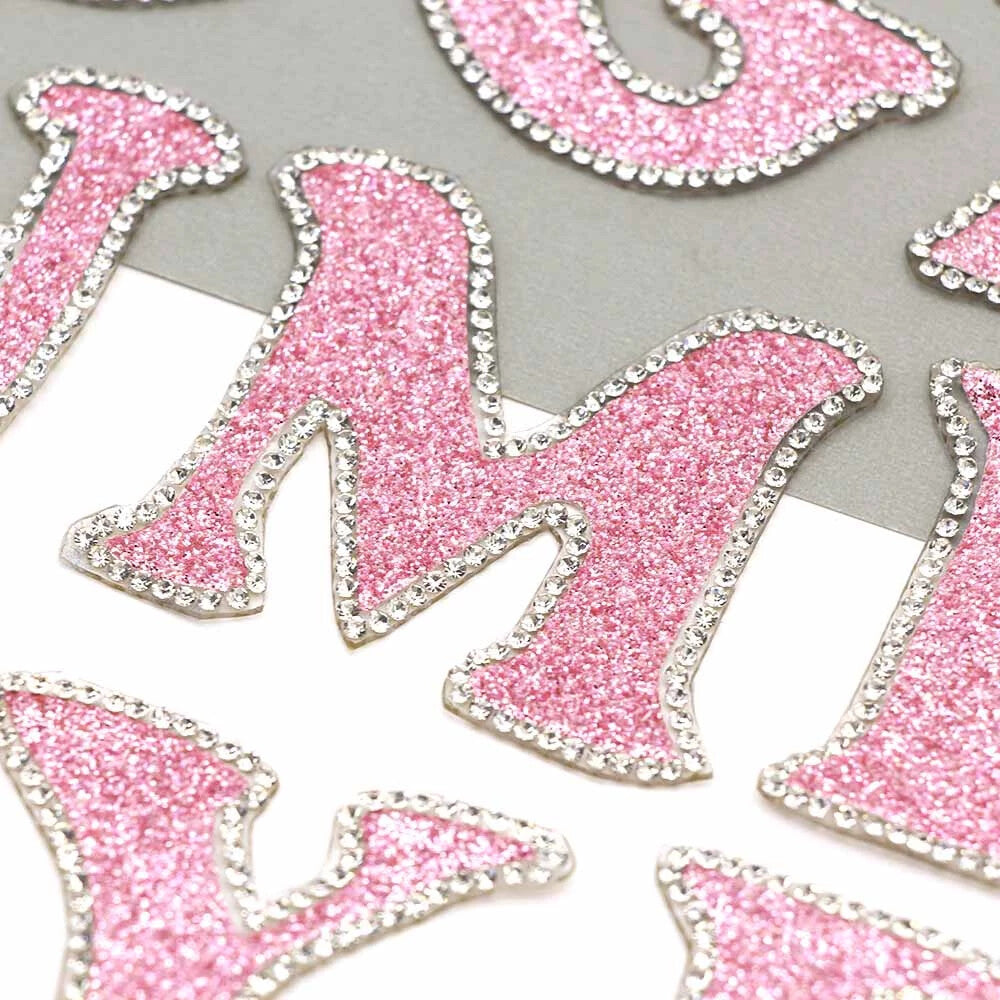 3D Rhinestone Pink Glitter Letter Patch Iron on Alphabet Patches 5cm