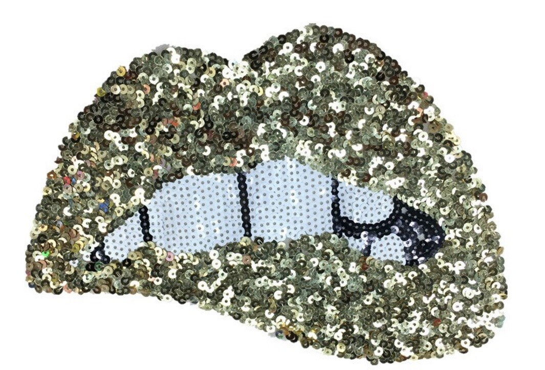 Large Rose Gold Silver Pink Lips Mouth Pop Art Lip Sequin Iron on Sew on Patch - Gold Irregular - Iron On