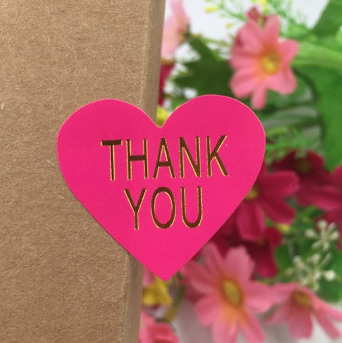 96 x Heart Paper Labels Stickers 'Thank You' Gift Craft Stickers Seals 6 Colours - Fuchsia