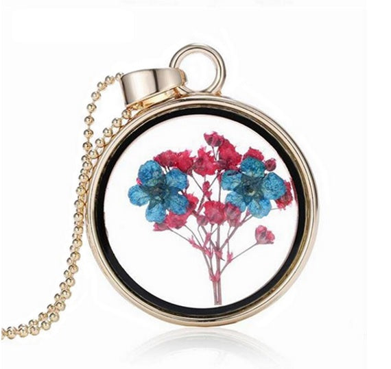 Dried Flower Round Locket Pendant Gold Plated Glass Charm Chain Necklace Botanic - Red and Blue
