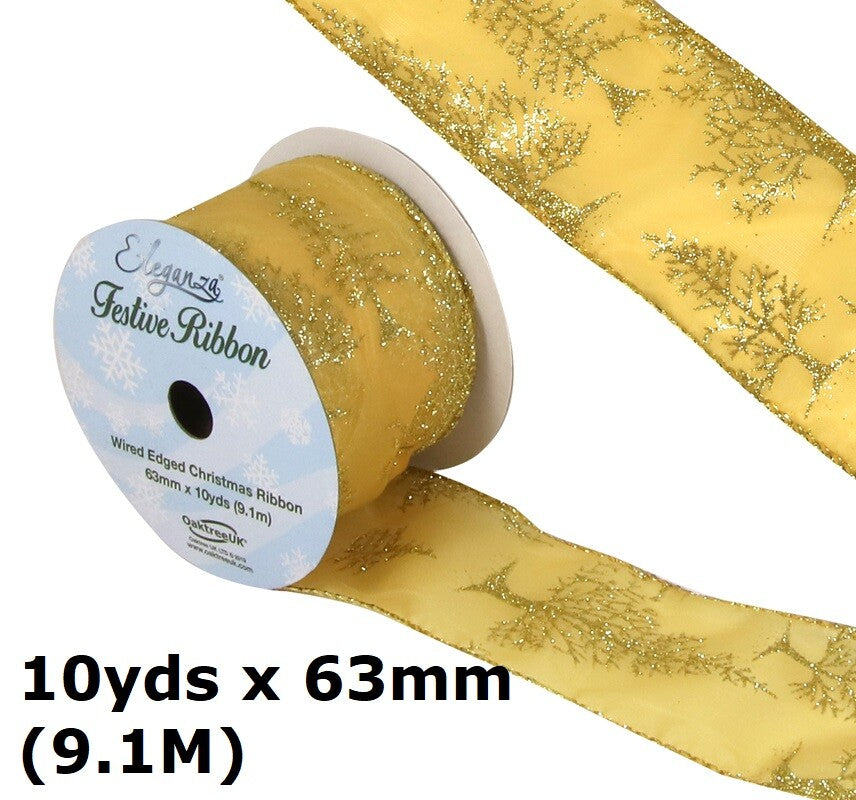 Eleganza Festive Christmas Ribbon Roll Craft Wreath Bows Gifts Tree Decoration - Satin Wired Edge Glitter Christmas Tree Gold