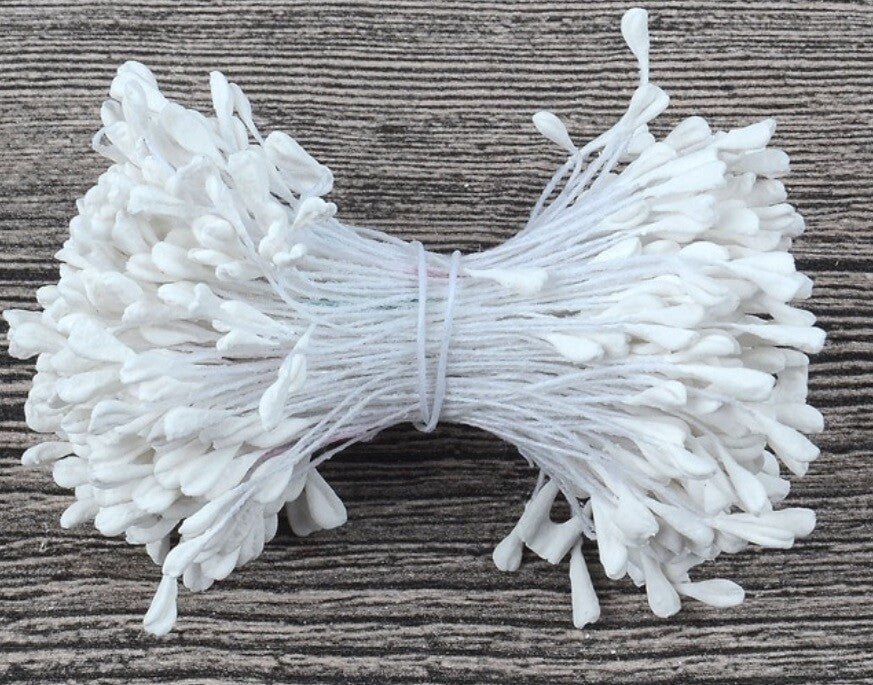 Artificial Matte Flower Heart Stamen Double Head Eco Friendly Wedding Craft 5mm - White