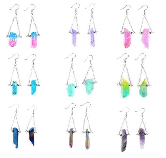Quartz Crystal Druzy Drop Earrings Chakra Energy Spiritual Boho & Gift Bag