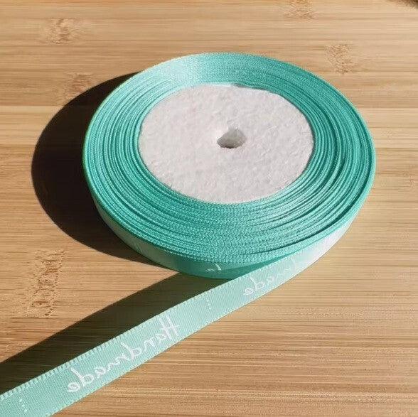 20 Meter Roll " Handmade" Print Satin Ribbon Full Whole Roll Sew On Label - Mint Green