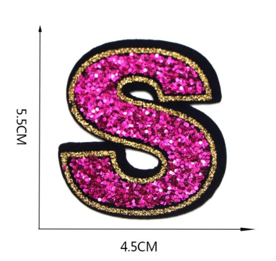 Large Pink Sequins Glitter Letter Patch Iron on Sew on Alphabet Customise 5.5cm - S