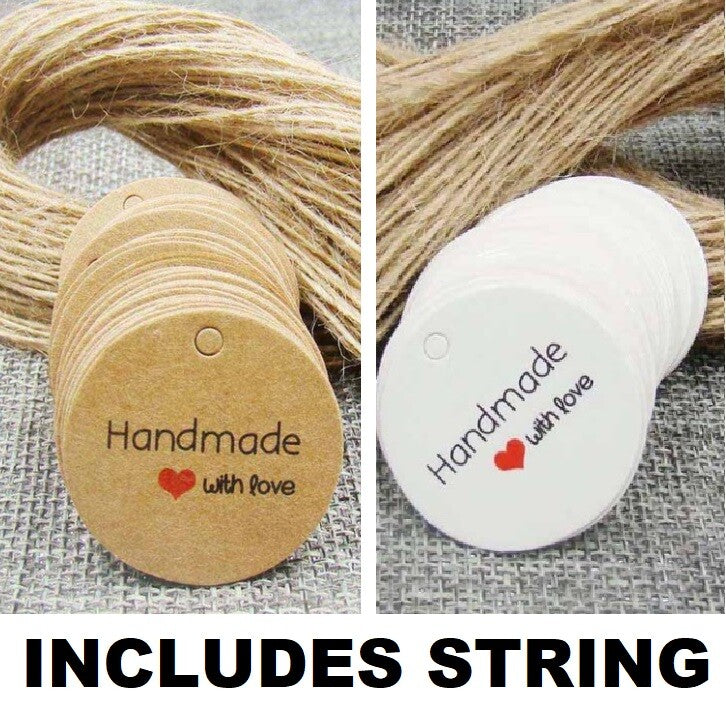100 x Round Paper Tags Hand Made with Love Craft Gift Food Tag With String