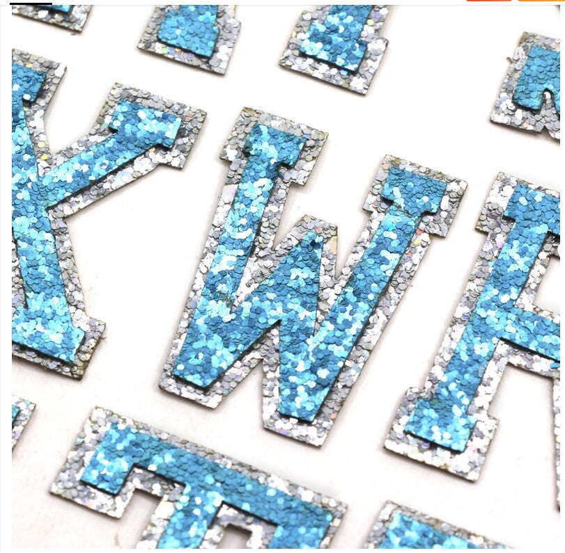 Blue & Silver Glitter Varsity Letter Patch Iron or Sew on Alphabet Patches