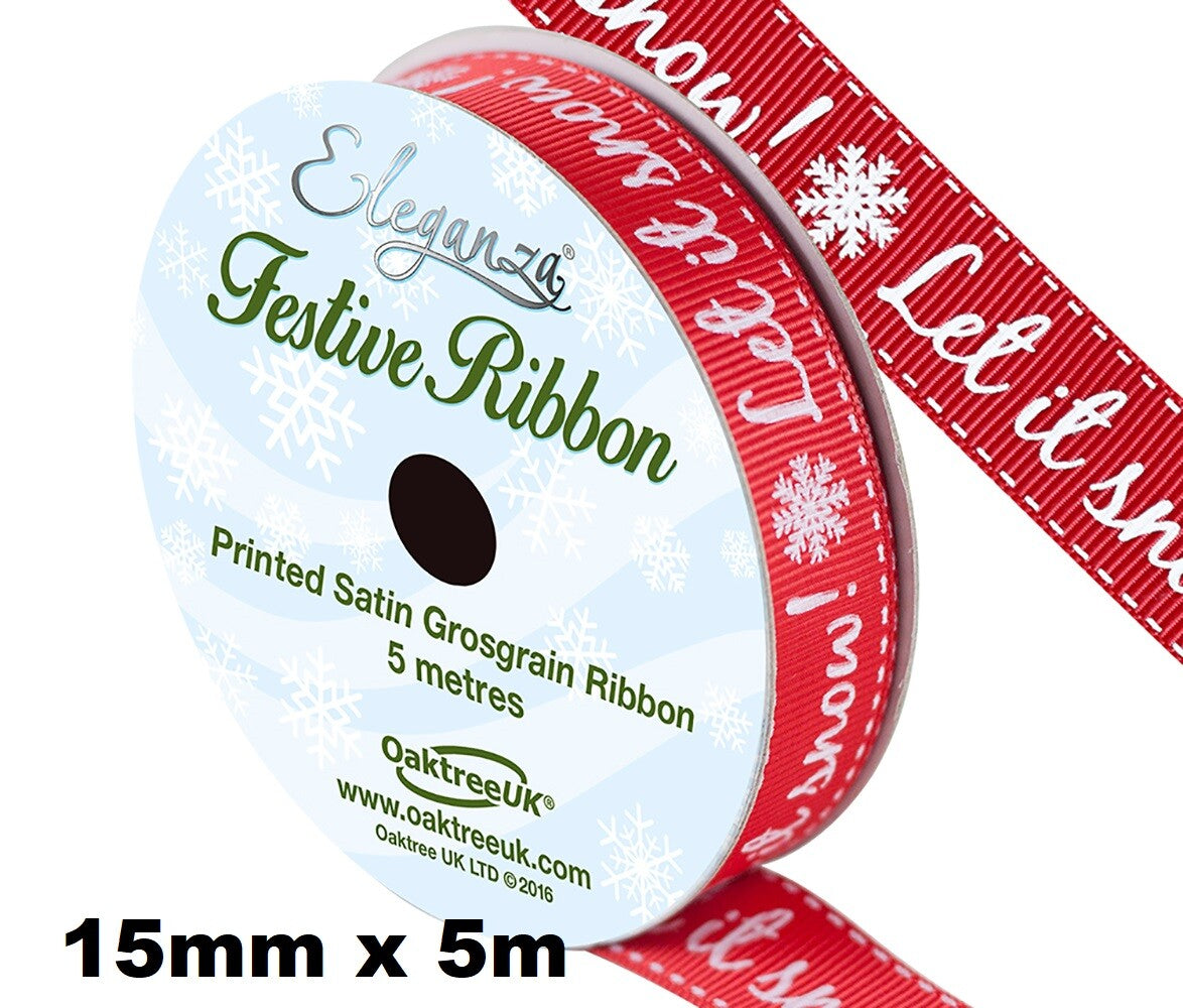 Eleganza Festive Christmas Ribbon Roll Craft Wreath Bows Gifts Tree Decoration - Satin Grosgrain Let It Snow! Red