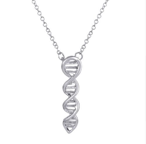 3D Double Helix DNA Strand Chemistry Necklace Chain Molecule Geek Nerd Science - Silver
