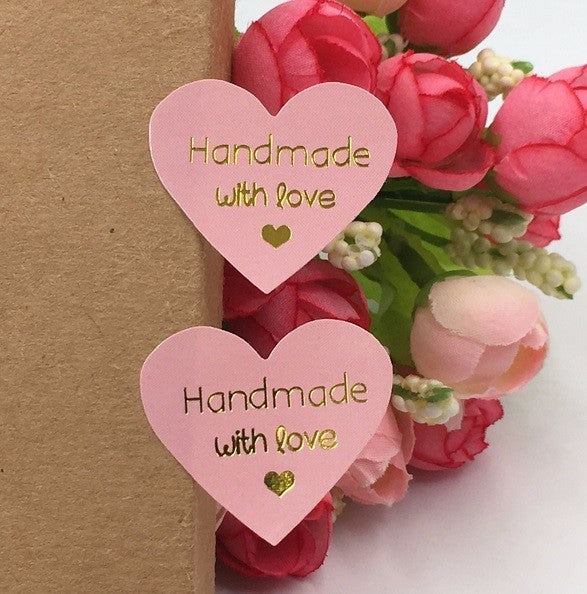 Heart Labels Handmade with Love Gift Craft Stickers Seal White Brown Pink