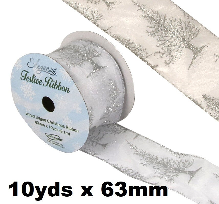 Eleganza Festive Christmas Ribbon Roll Craft Wreath Bows Gifts Tree Decoration - Satin Glitter Christmas Tree White/Silver