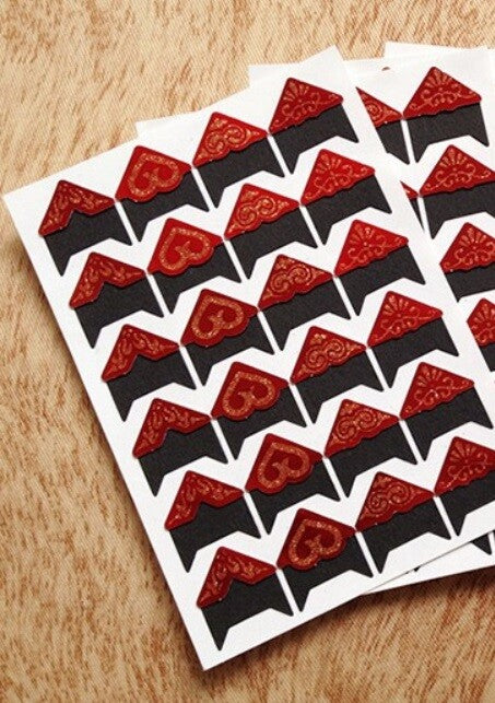24 Piece Self Adhesive Photo Album Frame Corner Protector Stickers Scrap Book - Red With Gold on Black