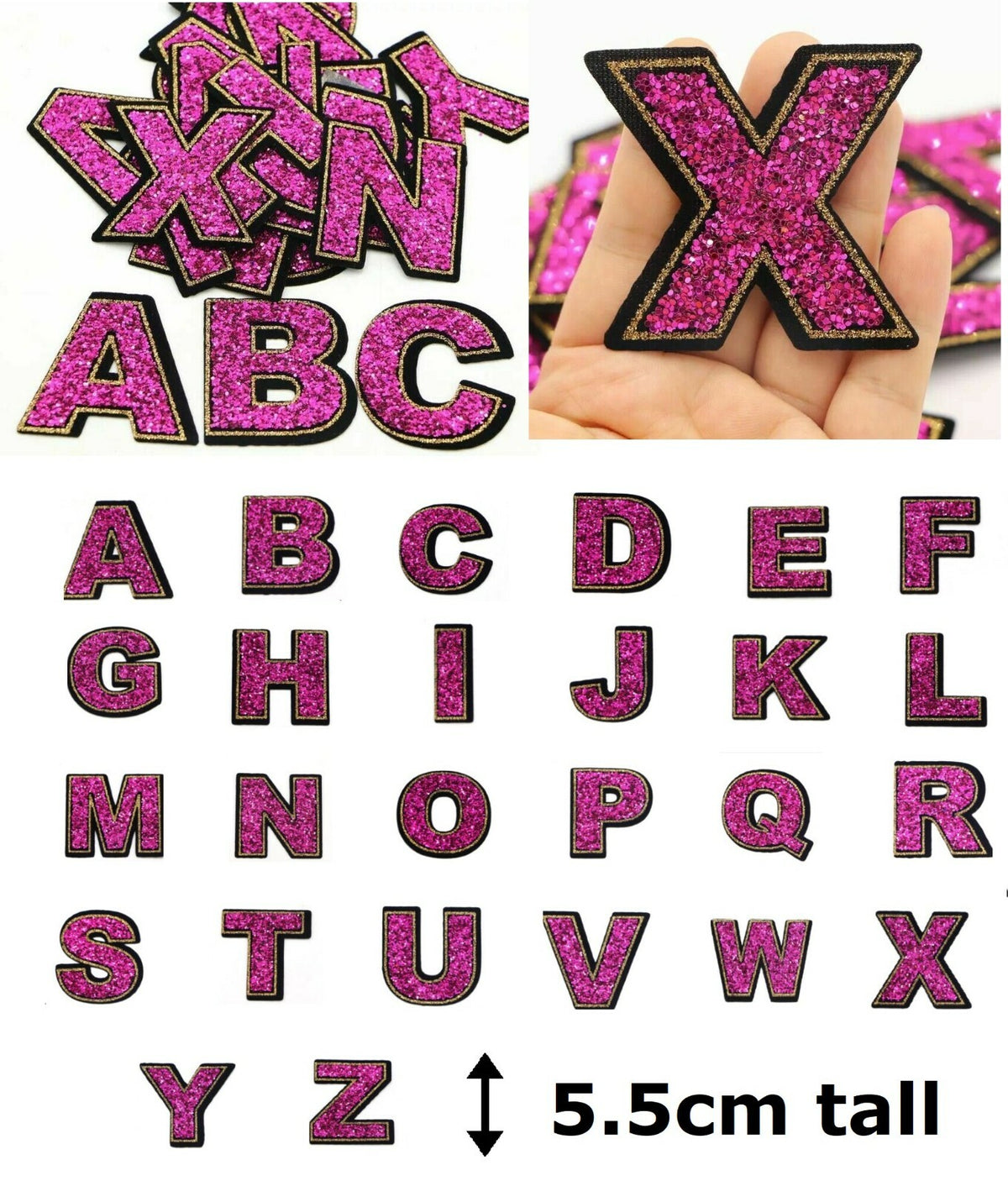 Large Pink Sequins Glitter Letter Patch Iron on Sew on Alphabet Customise 5.5cm