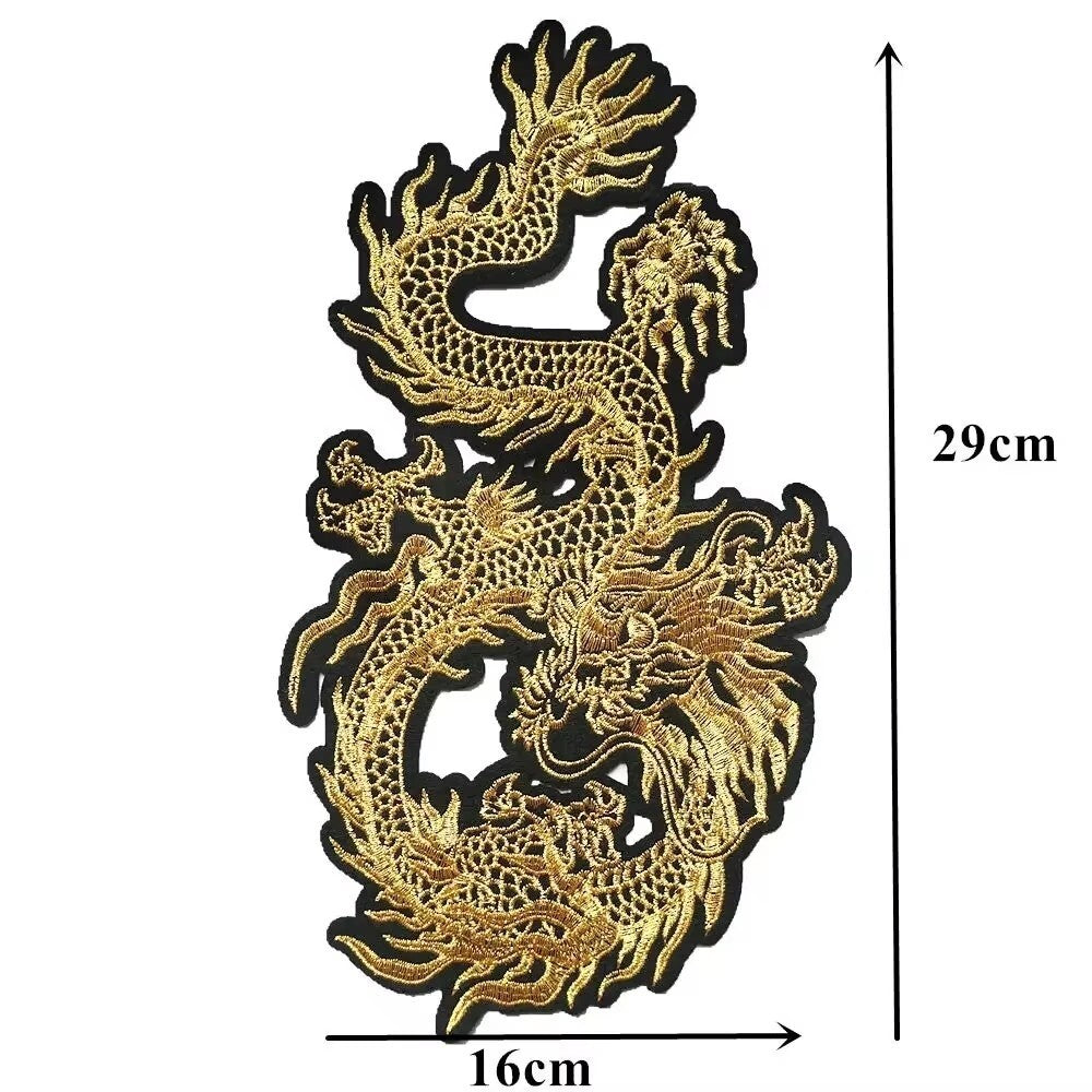 Large Oriental Dragon Patch Embroidery Patches Iron on Gold & Black - Right Dragon