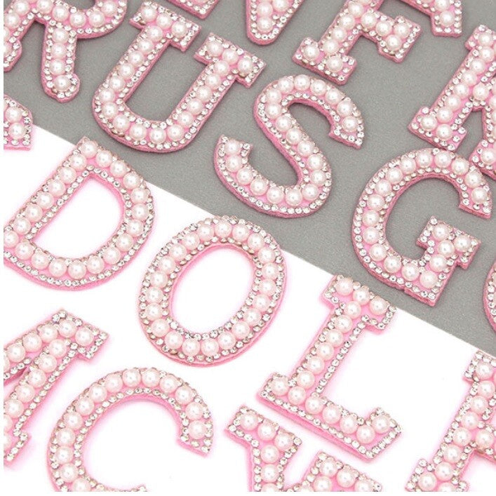 Pink & Pearl Rhinestone Letter Patch Patches Glue on Sew on Alphabet Crystal