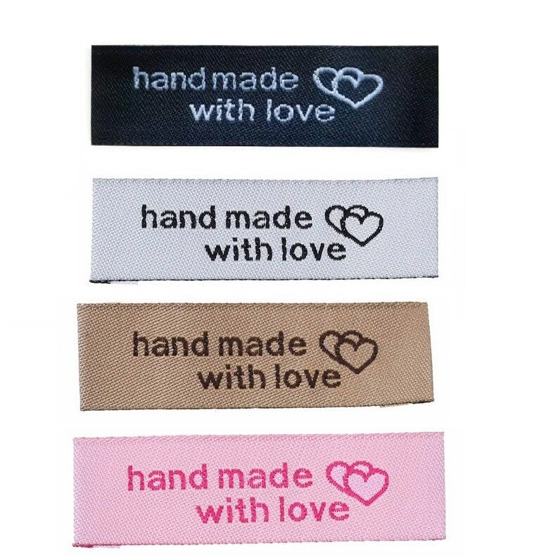 Fabric Labels 'Hand Made With Love' Sew On Garment Clothing Label Tags 50x15mm