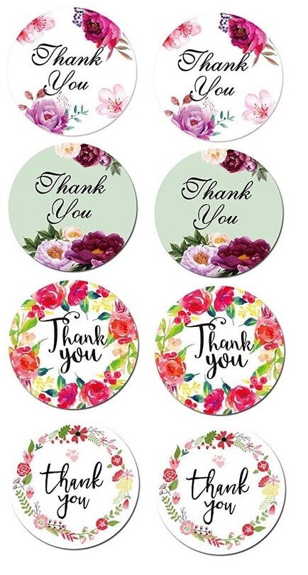 Round Labels 'Thank You' Floral Handmade Gift Craft Seal Flower Stickers 2.5cm - Floral Design 2