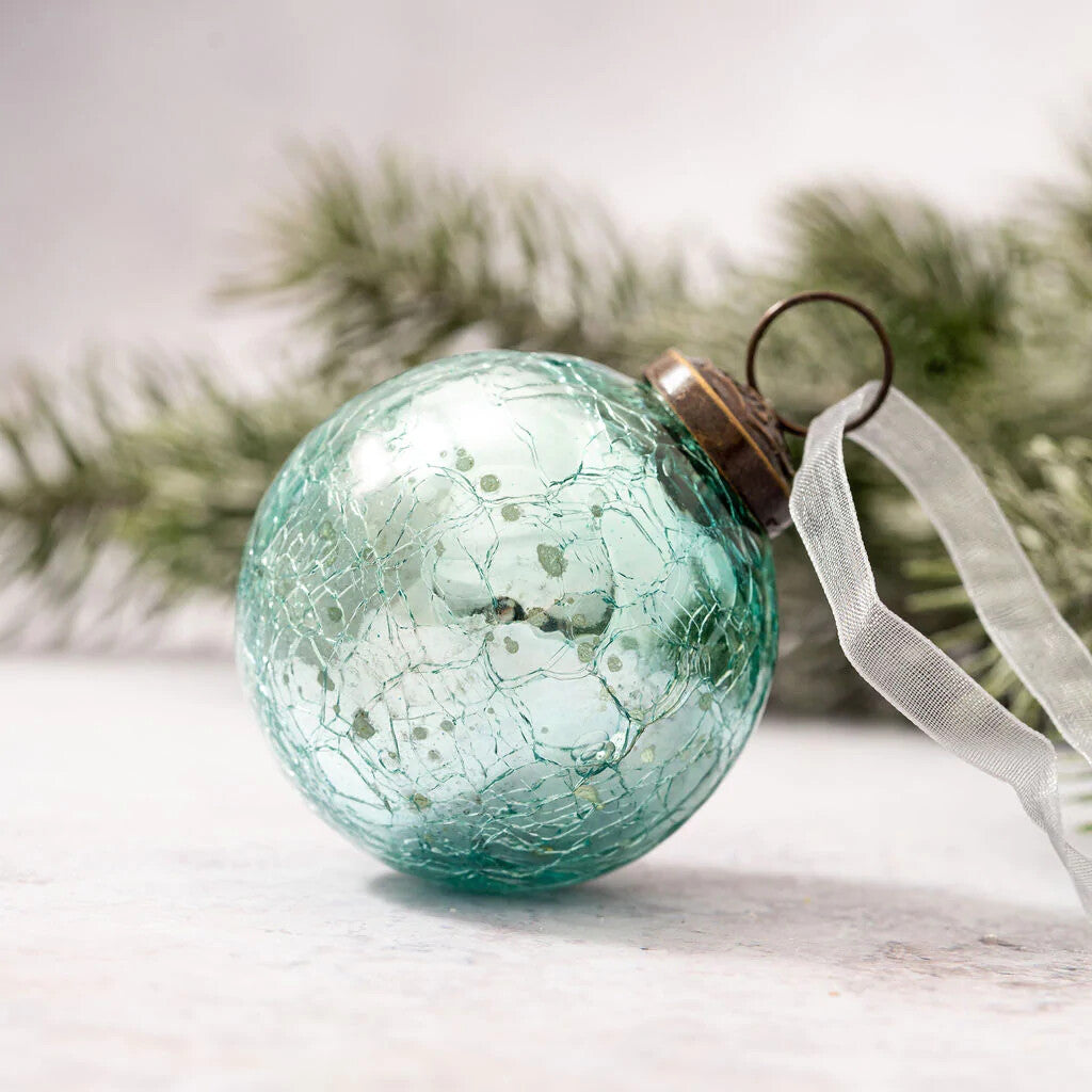 Medium Glass Handcrafted Baubles Premium Traditional Christmas Tree Bauble 5-7cm - Mint Crackle Glass Ball - 1 Bauble