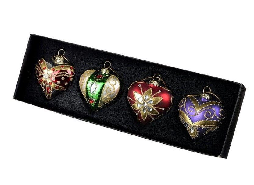 Glass Handcrafted Baubles Premium Traditional Christmas Tree Decoration - 4 Ornate Multi Heart Set