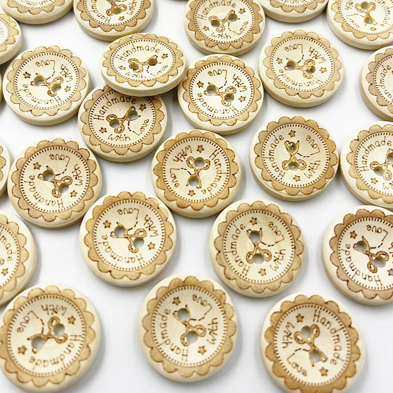 Handmade With Love Natural Wooden Wood Round Buttons - 2 Holes 15mm 20mm 25mm D2