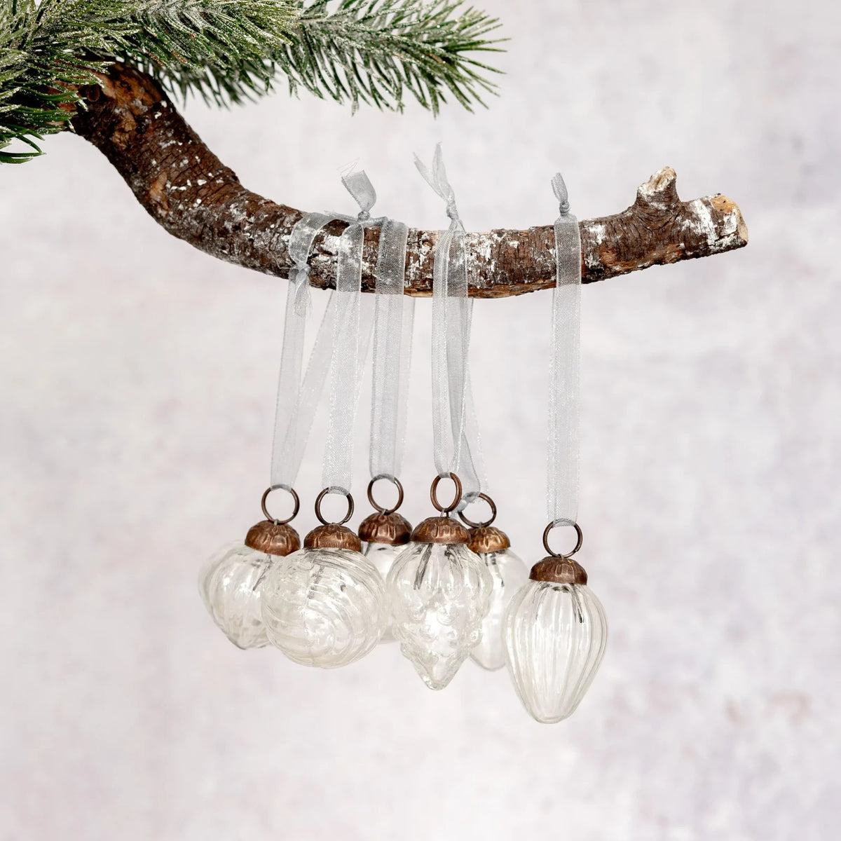 6 Pack Small Glass Handcrafted Baubles Premium Traditional Christmas Tree Craft - Set of 6 Clear Mixed Lustre