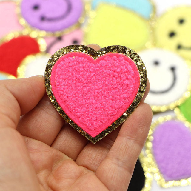 5cm Chenille & Gold Towel Heart Patch Iron on Sew on Customise Clothing Craft - Hot Pink