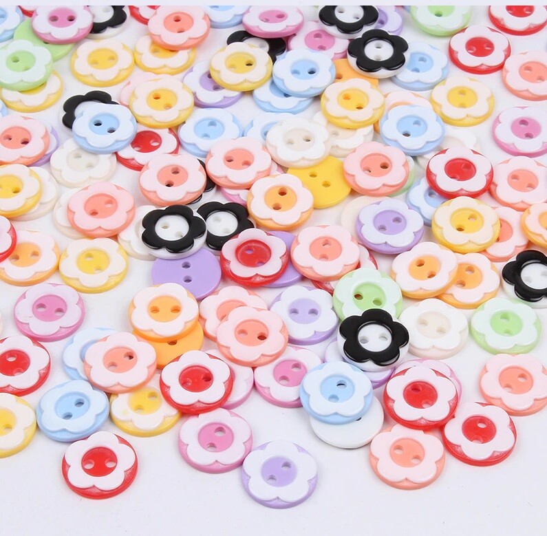 13mm Flower Buttons - Blue Pink Red Black White Multicoloured Mix - 2 Hole Resin