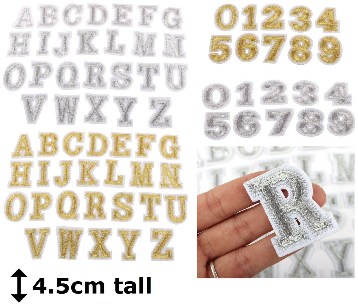 Gold Silver Letter Number Patch Iron or Sew on Alphabet Embroidery Customise