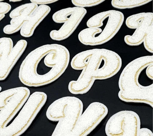White & Gold Chenille Letter Patch Patches Iron on Sew on Alphabet Letters