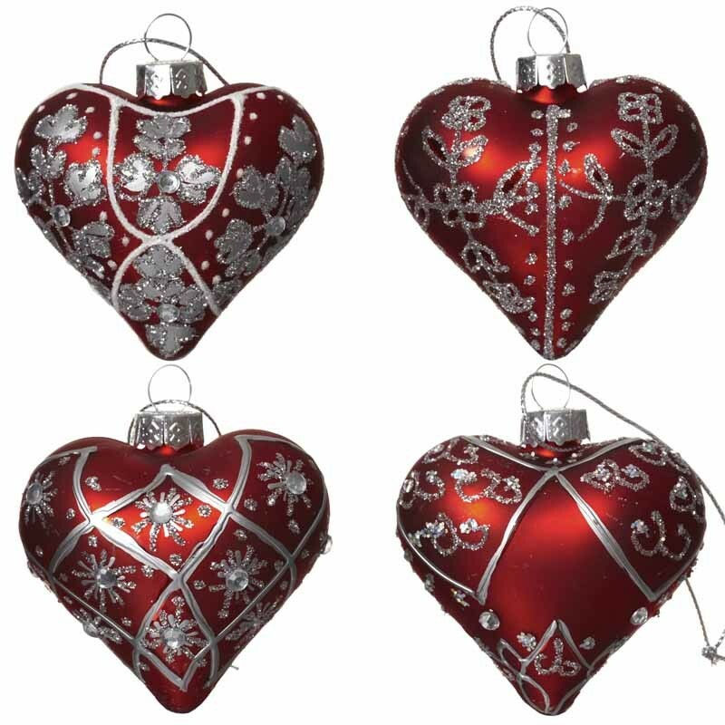 Glass Handcrafted Baubles Premium Traditional Christmas Tree Decoration - 4 Red & Silver Hearts