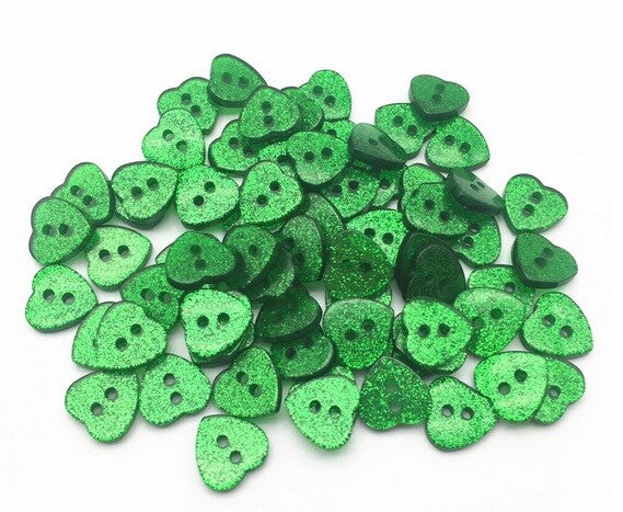 Glitter Heart Buttons Handmade Craft & Sewing Mixed & Non-Mixed 2 Hole 12x13mm - Green