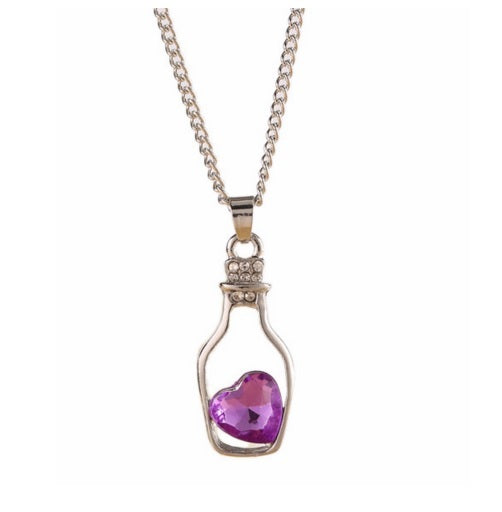 Cute Love Heart in a Bottle Message Pendant Austrian Crystal Necklace Kawaii - Purple