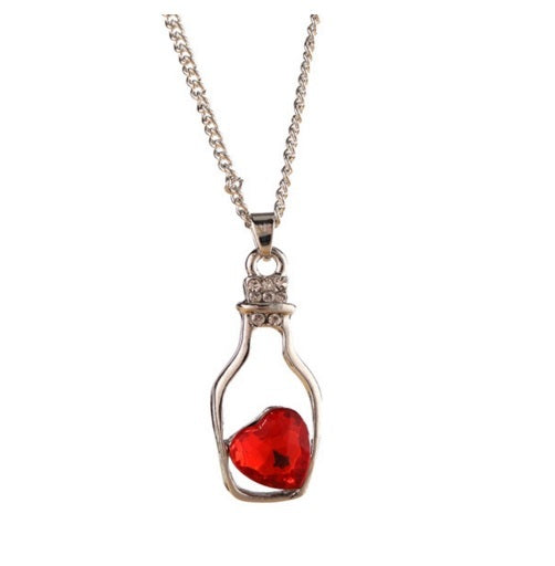 Cute Love Heart in a Bottle Message Pendant Austrian Crystal Necklace Kawaii - Red