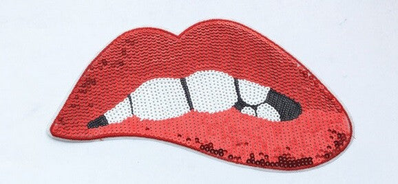 Large Rose Gold Silver Pink Lips Mouth Pop Art Lip Sequin Iron on Sew on Patch - Red - Iron On