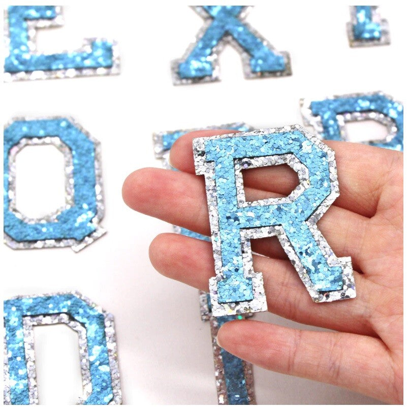Blue & Silver Glitter Varsity Letter Patch Iron or Sew on Alphabet Patches