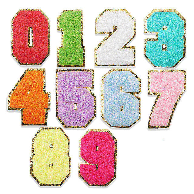 Chenille & Gold Number Patch Patches Iron / Sew Numbers Embroidery Customise 8cm
