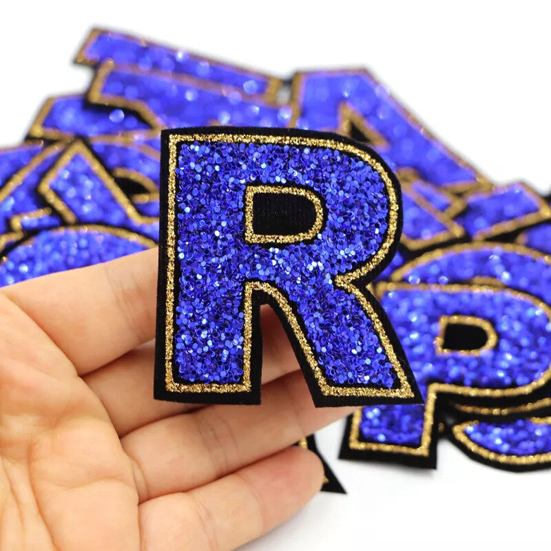 Blue Sequins Glitter Letter Patch Iron on Alphabet Customise Clothes 5.5cm