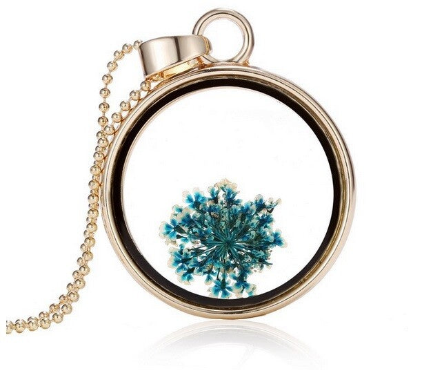 Dried Flower Round Locket Pendant Gold Plated Glass Charm Chain Necklace Botanic - Blue