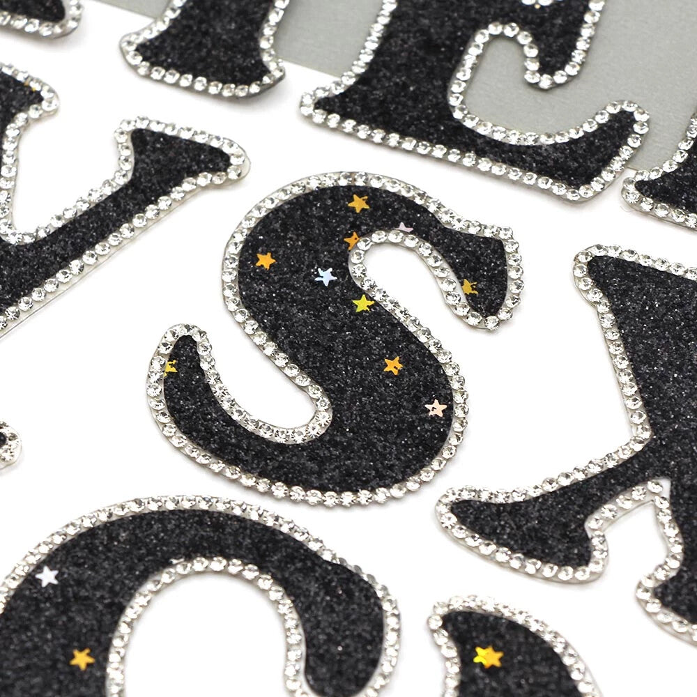 3D Rhinestone Black Glitter Letter Patch Iron on Alphabet Patches 5cm