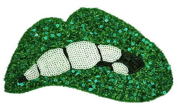Large Rose Red Pink Fuchsia Green Lips Mouth Pop Art Lip Sequin Sew on Patch - Green Sew On