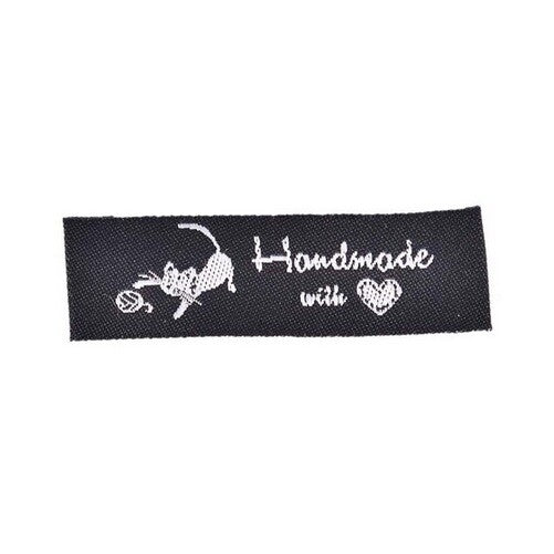 Black Fabric Labels Tag Handmade With Love Sew On Garment Cotton Clothing Label - Cat Long
