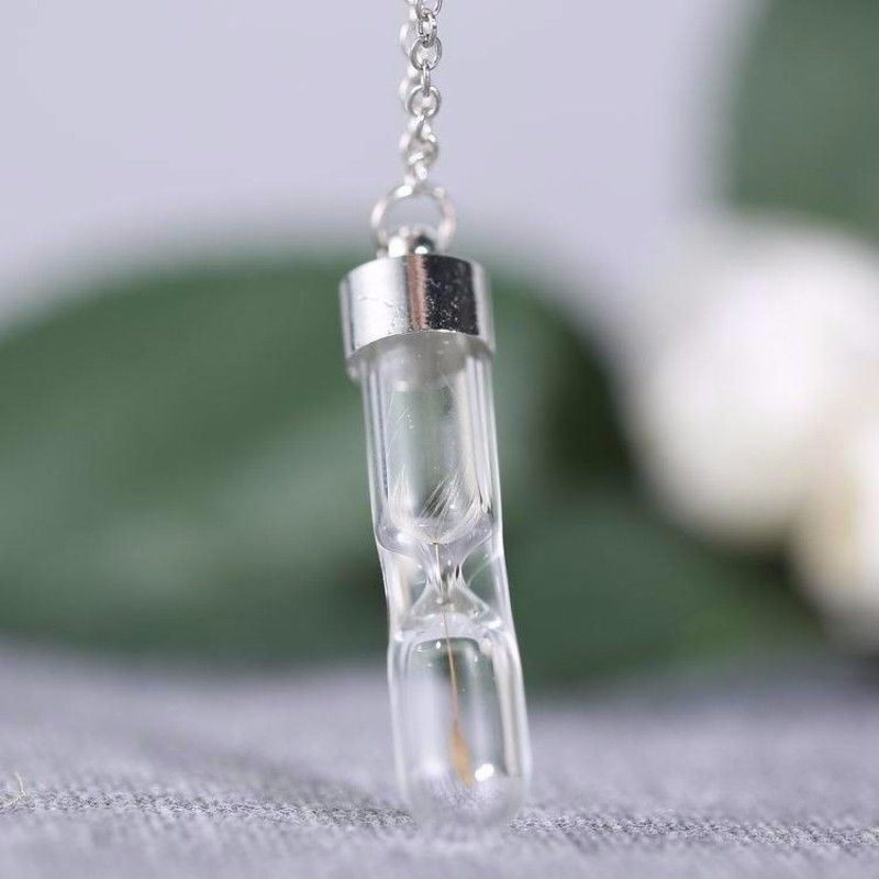 Hourglass Dandelion Wish Pendant Necklace Glass Charm Dandelion