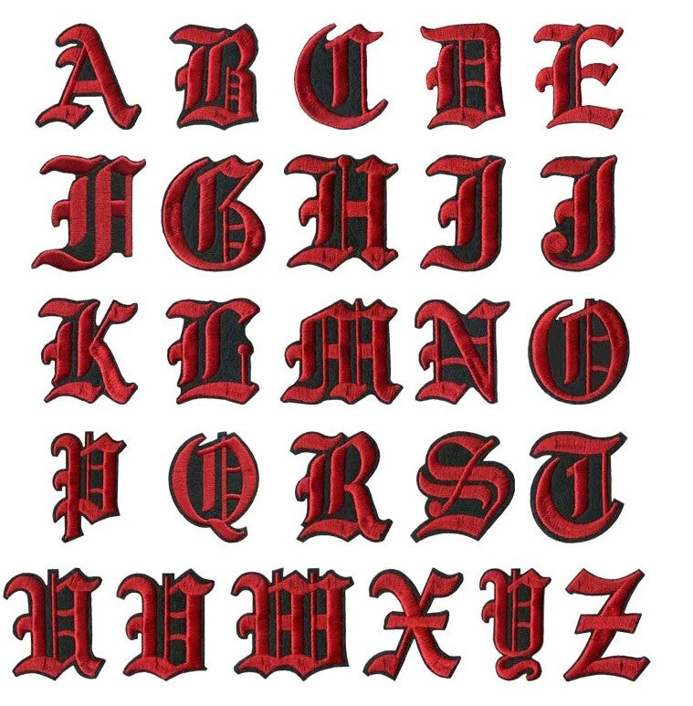Red Black Old English Medieval Letter Patch Patches Iron on Alphabet Embroidery