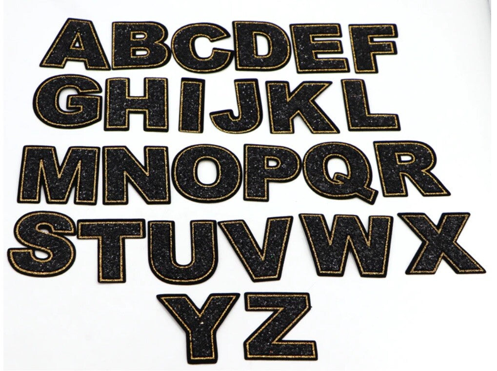 Large Black Gold Sequins Letter Patch Iron or Sew on Alphabet Customise Clothing