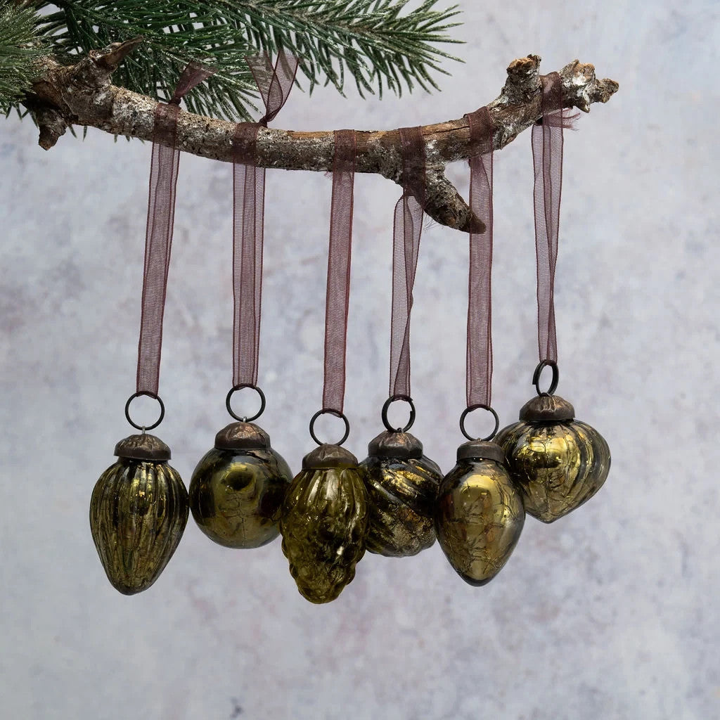 6 Pack Small Glass Handcrafted Baubles Premium Traditional Christmas Tree Craft - 6 Olive Crackle Mix