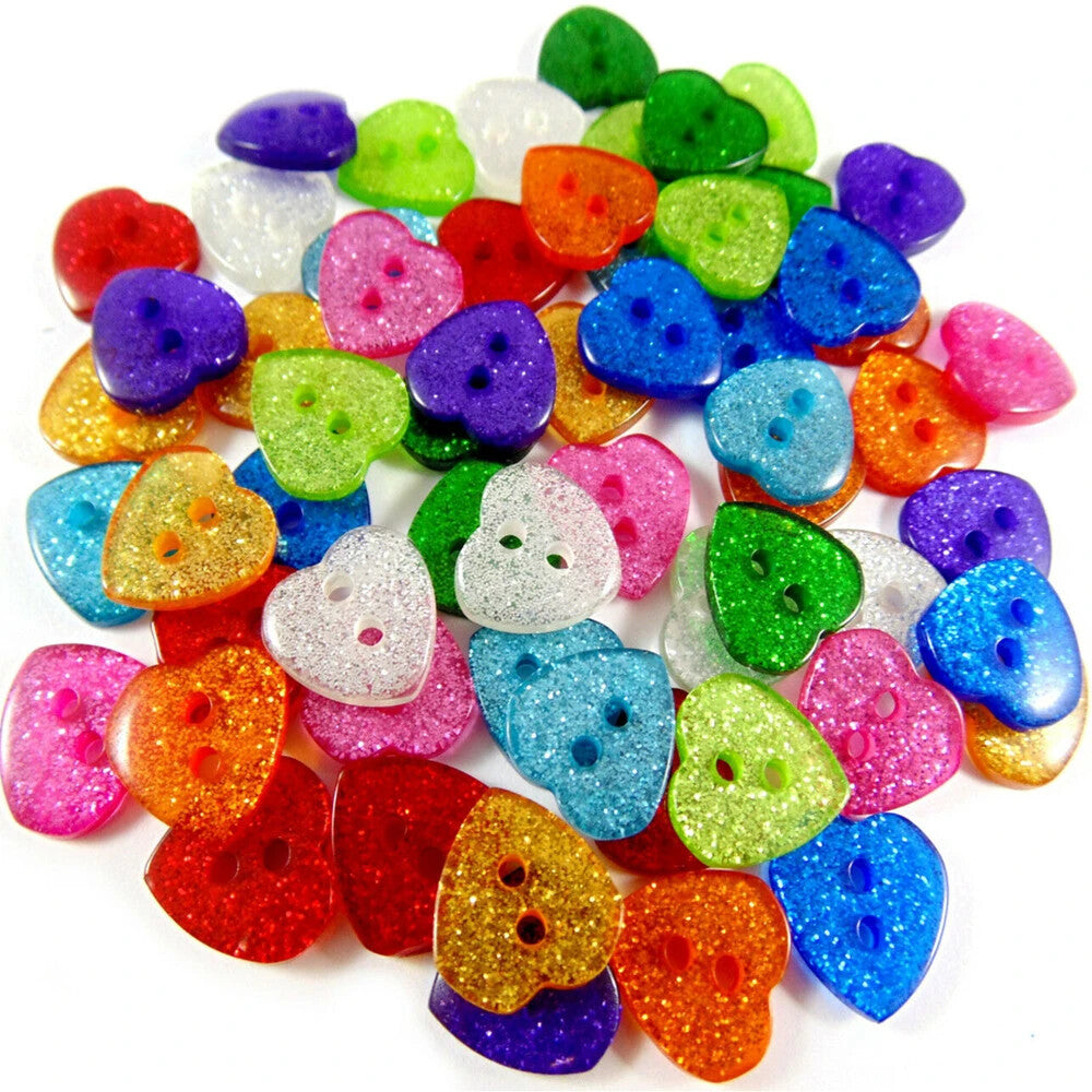 Glitter Heart Buttons Handmade Craft & Sewing Mixed & Non-Mixed 2 Hole 12x13mm