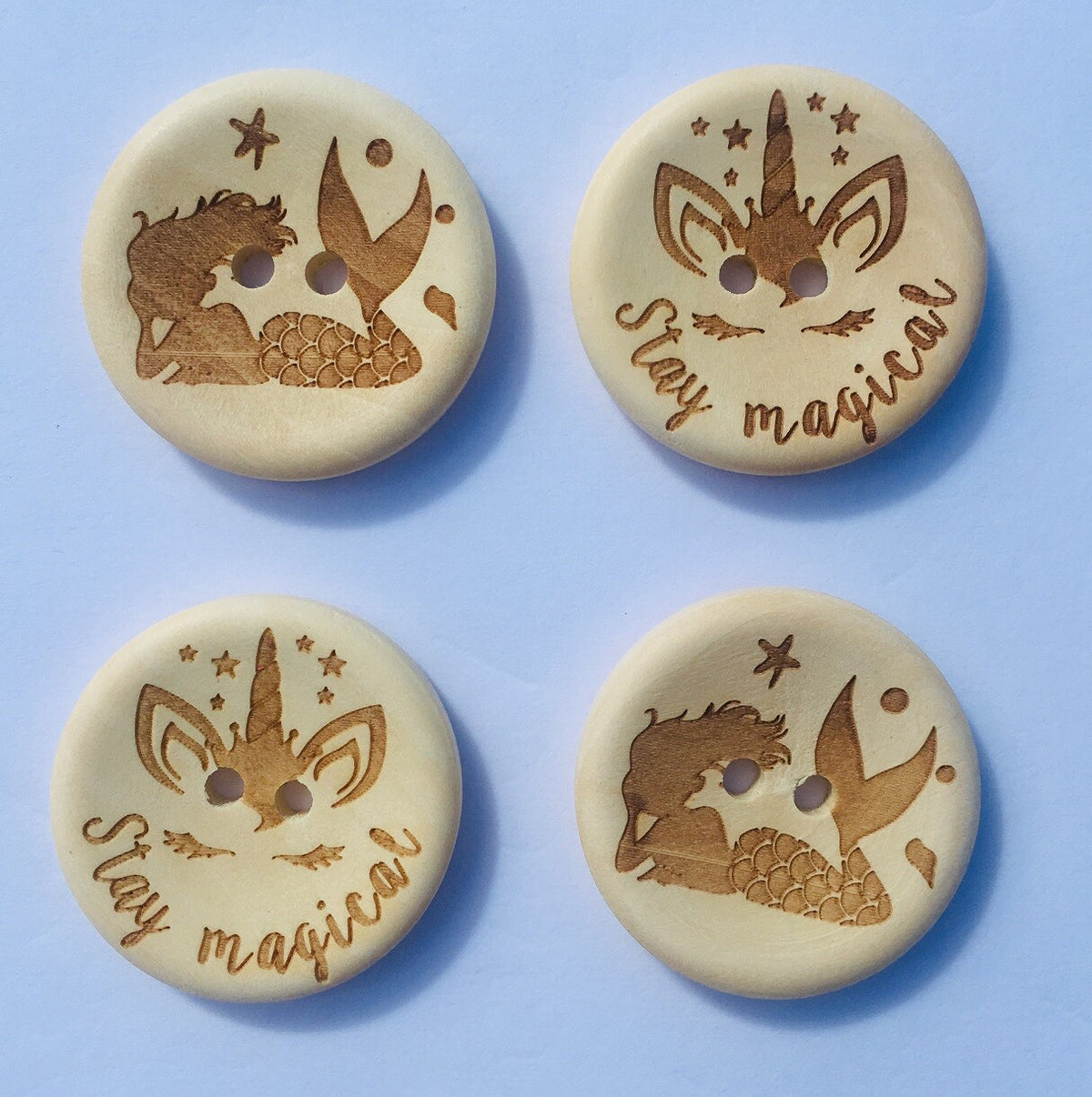 Mermaid & Unicorn Natural Wooden Round Wood Buttons - 2 Hole 3cm Craft Gift