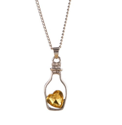 Cute Love Heart in a Bottle Message Pendant Austrian Crystal Necklace Kawaii - Yellow