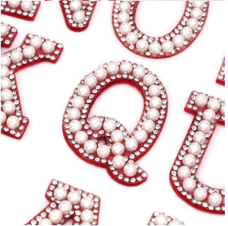3D Red & Pearl Rhinestone Letter Patch Patches Glue / Sew on Alphabet Crystal