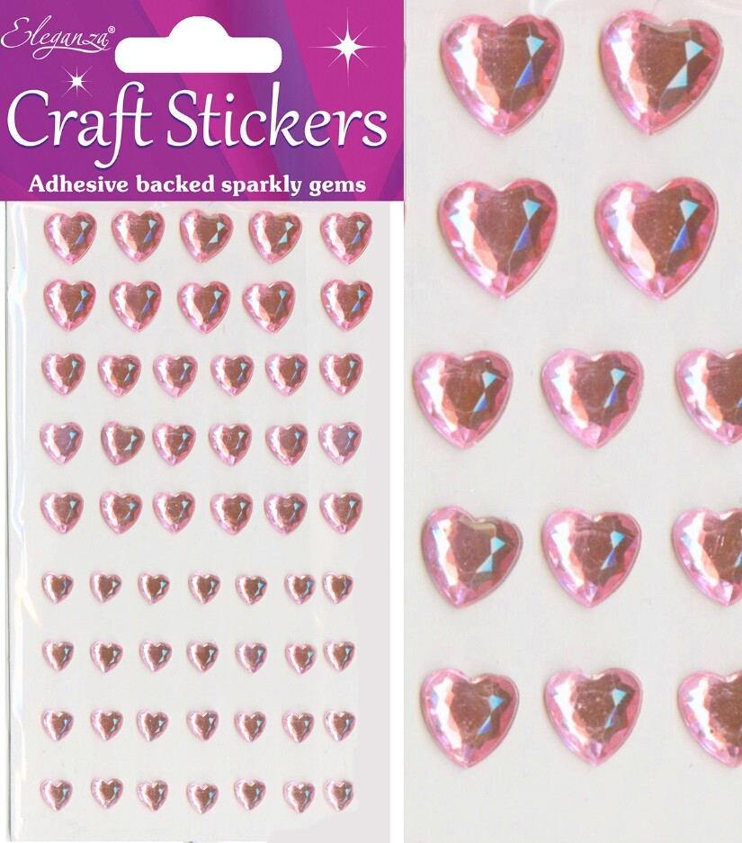 Stickers Craft Crystal Self Adhesive Hearts Sparkly Gem Card Making Invitations - Pink (6-10mm) - 56 Piece Hearts